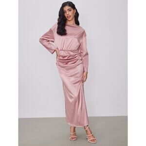 NWT Cider Pink Satin Ruched Long Sleeve Midi Dress L